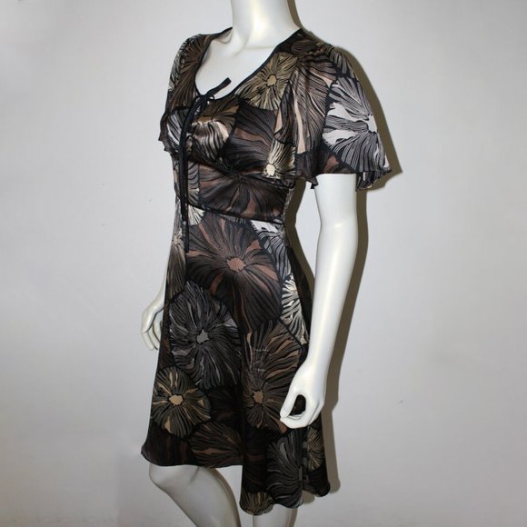 Vintage 90’s Betsey Johnson Silk Floral BLACK GOLD SILVER Flutter Sleeve Dress - Picture 10 of 10